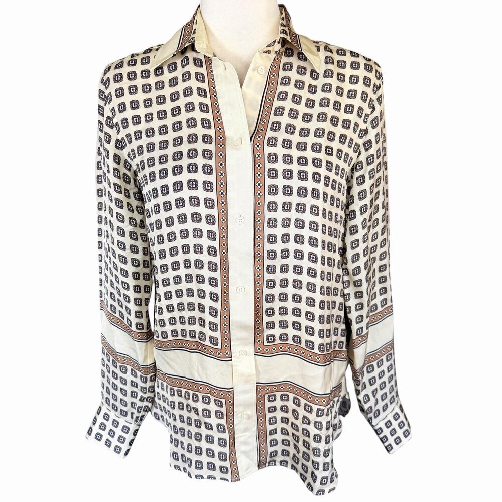 J.Crew Jules Classic Fit Viscose Button Down Shirt Cream Foulard 0 Career NWT